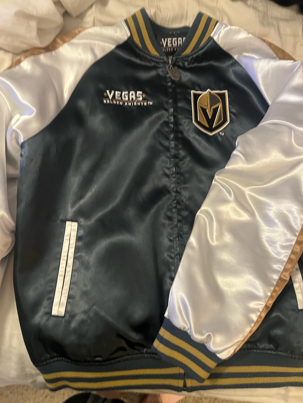 Vegas Golden Knights Satin Bomber Jacket in Black, Gold & White